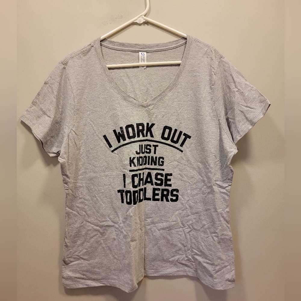 Gray Short Sleeve Women's XXL V-neck Graphic Tee ("I work out Just Kidding I Cha